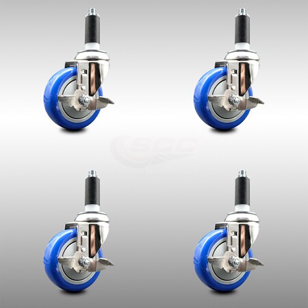 Service Caster 4 Inch 316SS Blue Poly Swivel 1 Inch Expanding Stem Caster Set Brake SCC SCC-SS316EX20S414-PPUB-BLUE-TLB-1-4